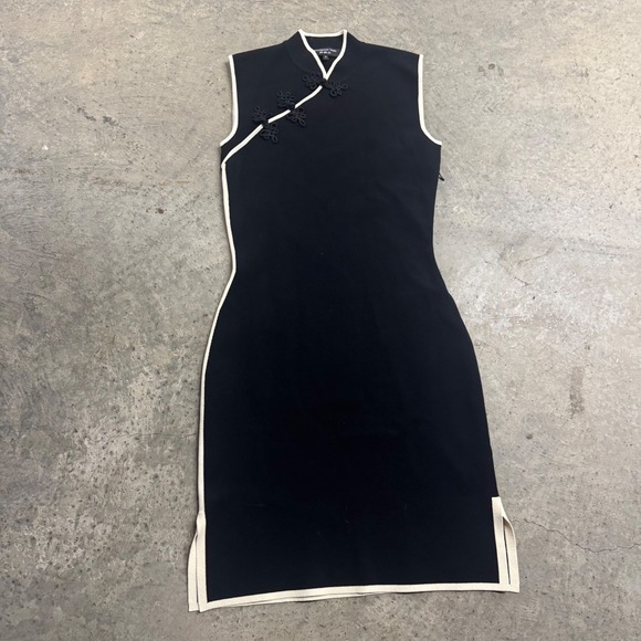 Shanghai Tang Dresses & Skirts - Shanghai Tang Women's Black White Trim Qipao Midi Chinese Dress S/S Designer